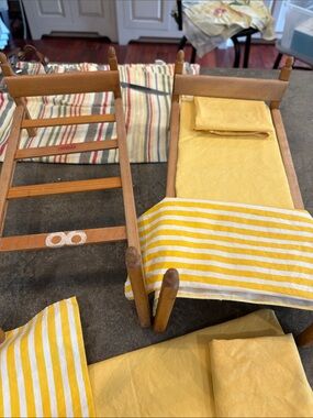 Strombecker Wooden Doll Bed  with Yellow Striped Bedding